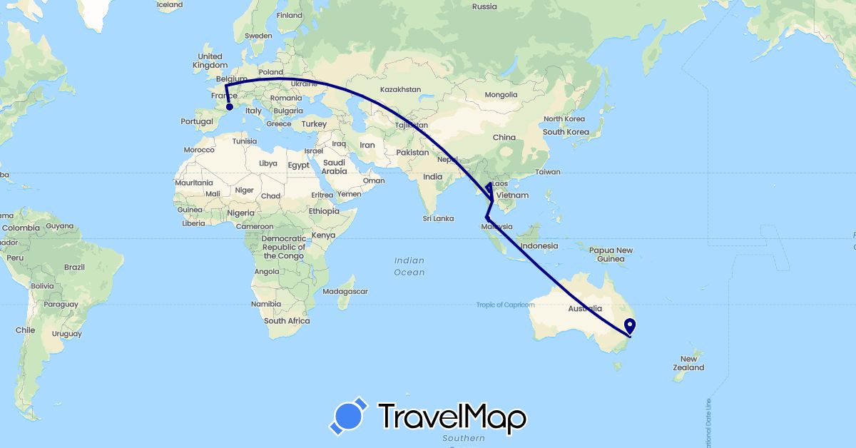 TravelMap itinerary: driving in Australia, France, Thailand (Asia, Europe, Oceania)